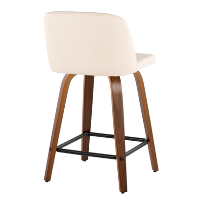 Toriano - Mid-Century Modern Fixed Height Counter Stool With Swivel With Square Footrest (Set of 2) - Walnut / Cream