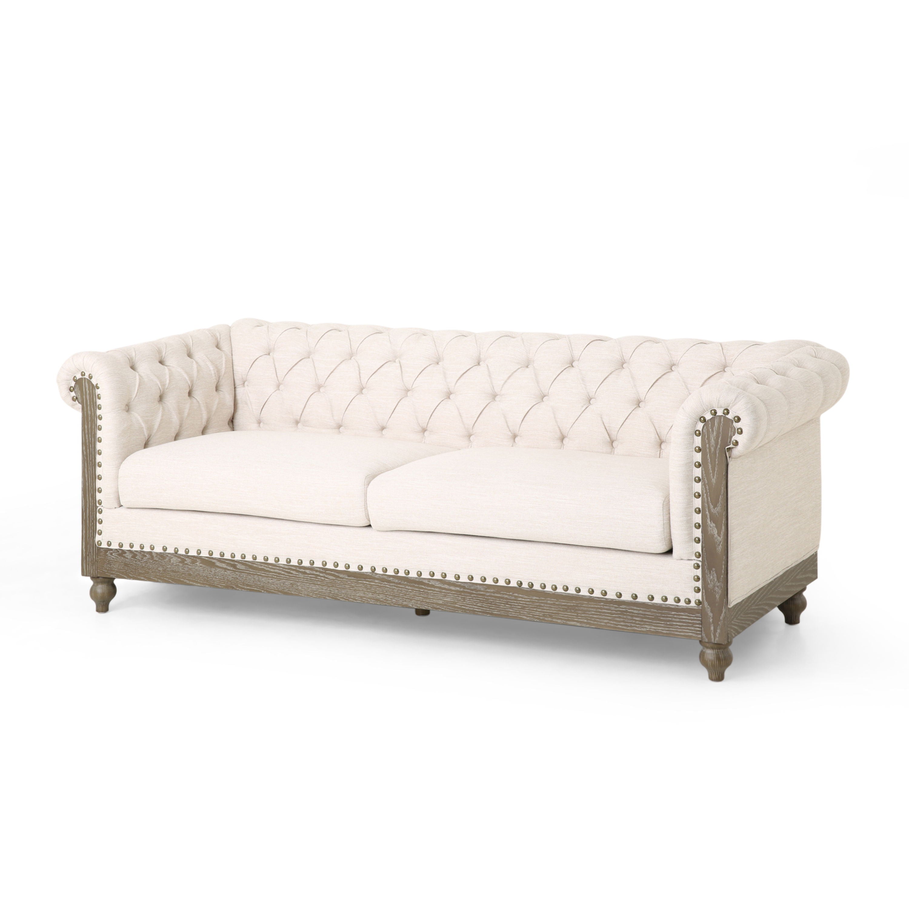 Comfy 3 Seat Sofa With Wooden Legs, Retro Style For Living Room And Study - Beige