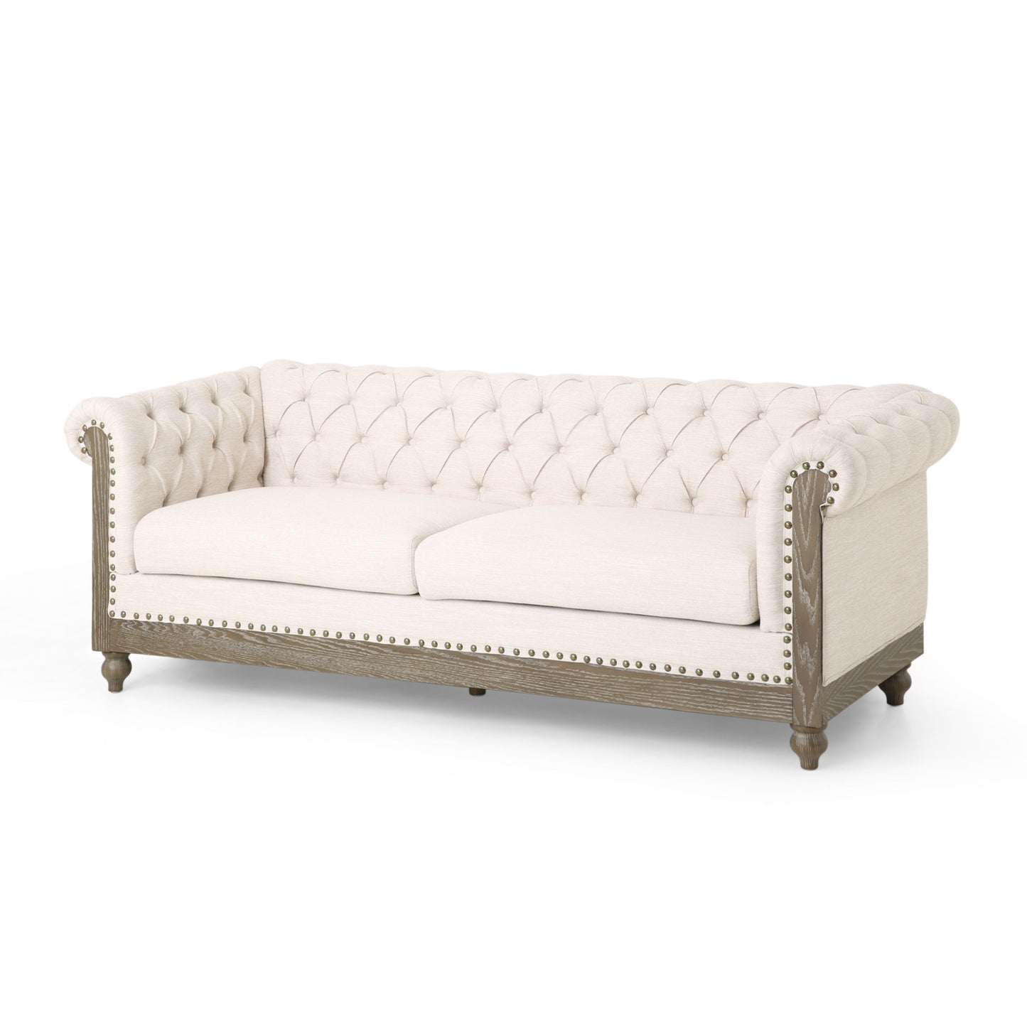 Comfy 3 Seat Sofa With Wooden Legs, Retro Style For Living Room And Study - Beige