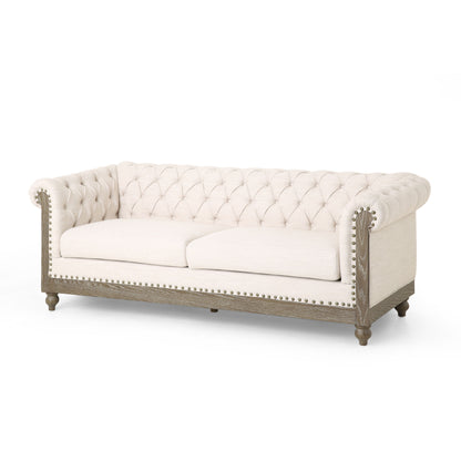 Comfy 3 Seat Sofa With Wooden Legs, Retro Style For Living Room And Study - Beige