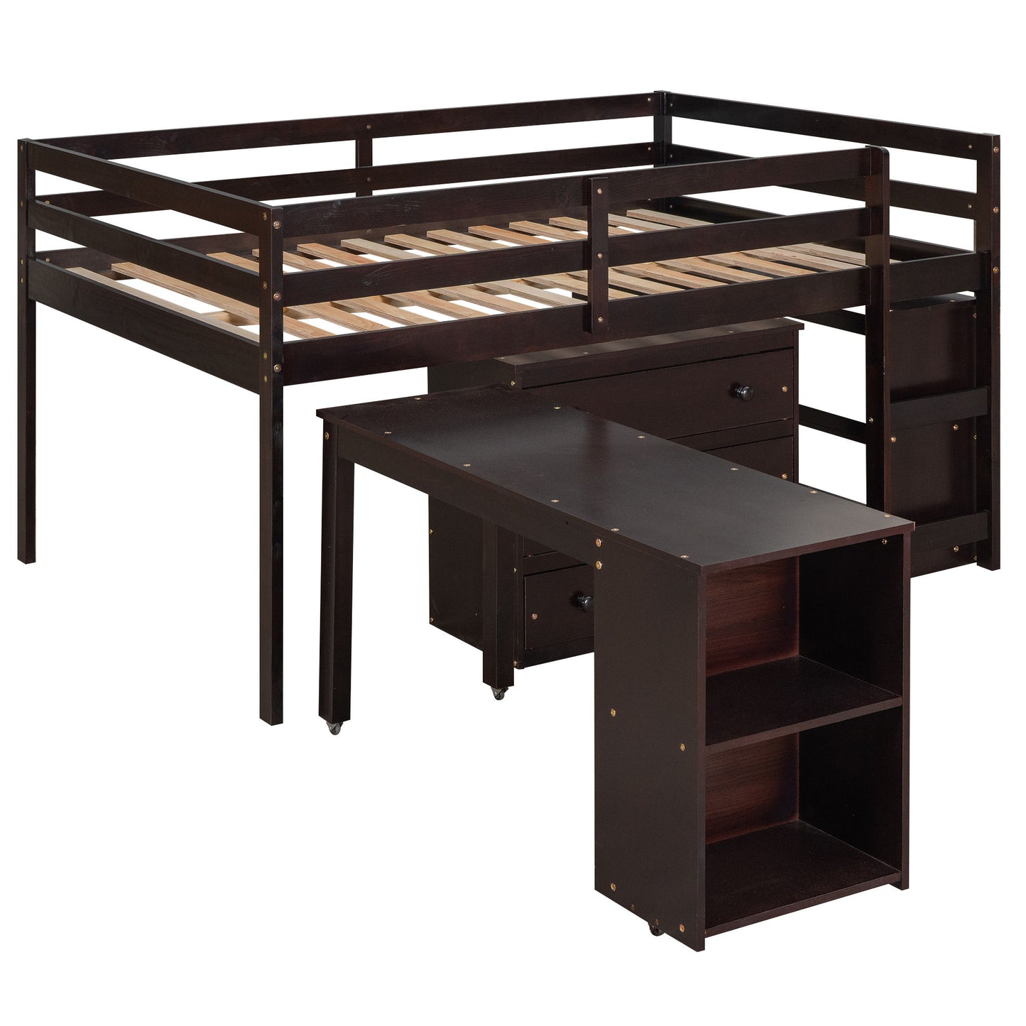Full Loft Low Study Bed With Cabinet, Shelves And Rolling Portable Desk, Multiple Functions - Espresso