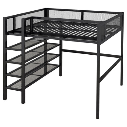 Full Size Loft Bed With 4 Tier Shelves And Storage - Black
