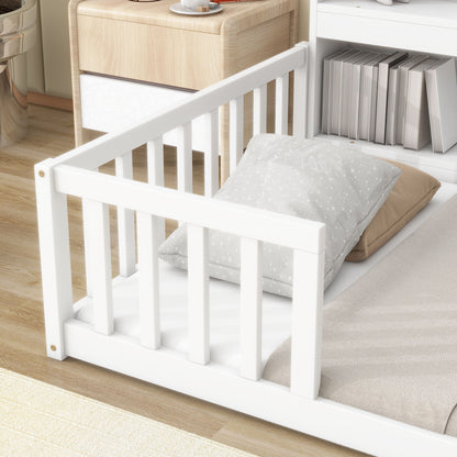 Twin Floor Bed With Bedside Bookcase, Shelves, Guardrails - White