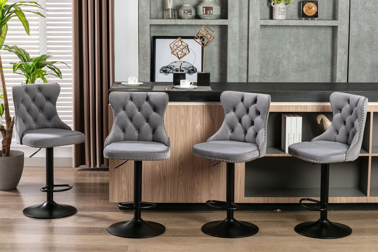 Swivel Velvet Barstools Adjusatble Seat Height , Modern Upholstered Bar Stools With Backs Comfortable Tufted For Home Pub And Kitchen Island (Set of 2) - Gray