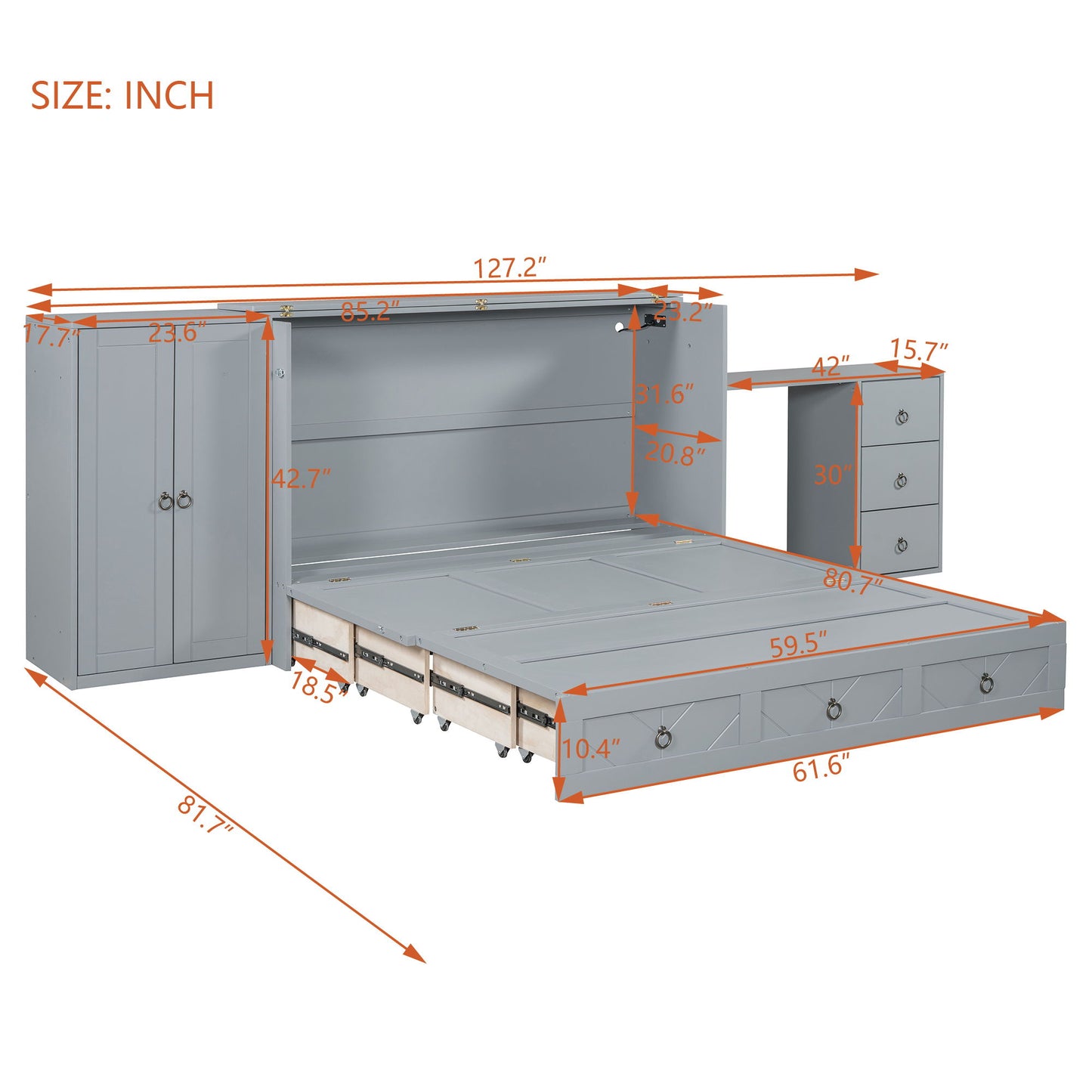 Queen Size Murphy Bed With USB Port, Large Drawer, And Wardrobe / Desk Combo Versatile Cabinet Bed - Gray
