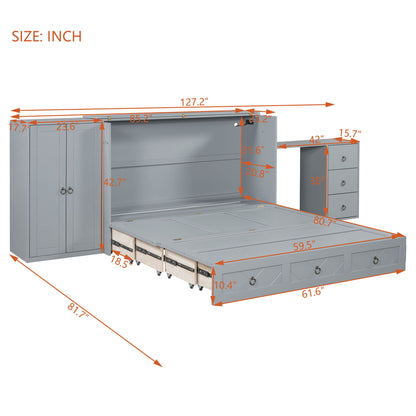 Queen Size Murphy Bed With USB Port, Large Drawer, And Wardrobe / Desk Combo Versatile Cabinet Bed - Gray