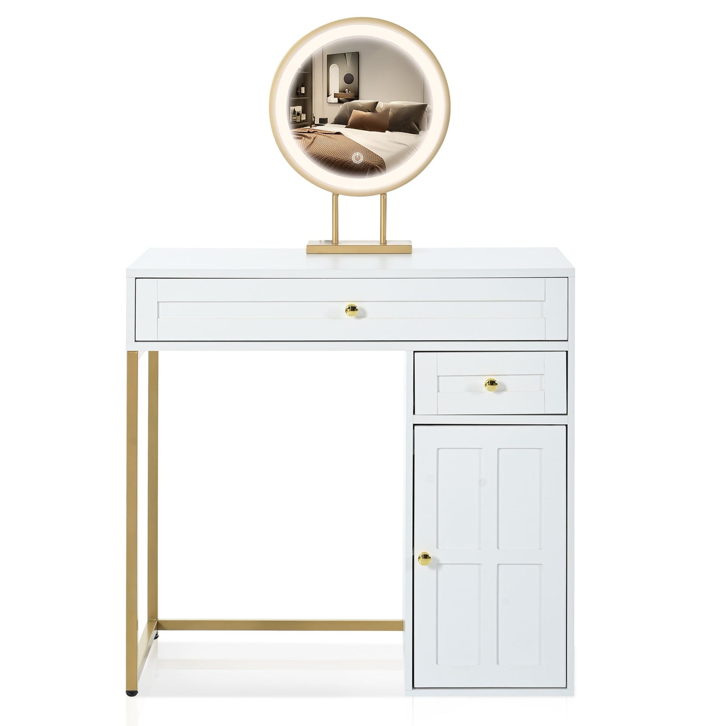 Makeup Vanity Desk With Lighted Mirror, Luxury Dressing Table With 2 Drawers And 1 Cabinet, 3 Lighting Modes Available For Bedroom - White / Gold