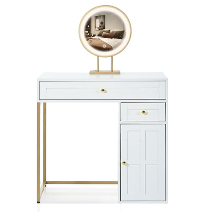 Makeup Vanity Desk With Lighted Mirror, Luxury Dressing Table With 2 Drawers And 1 Cabinet, 3 Lighting Modes Available For Bedroom - White / Gold