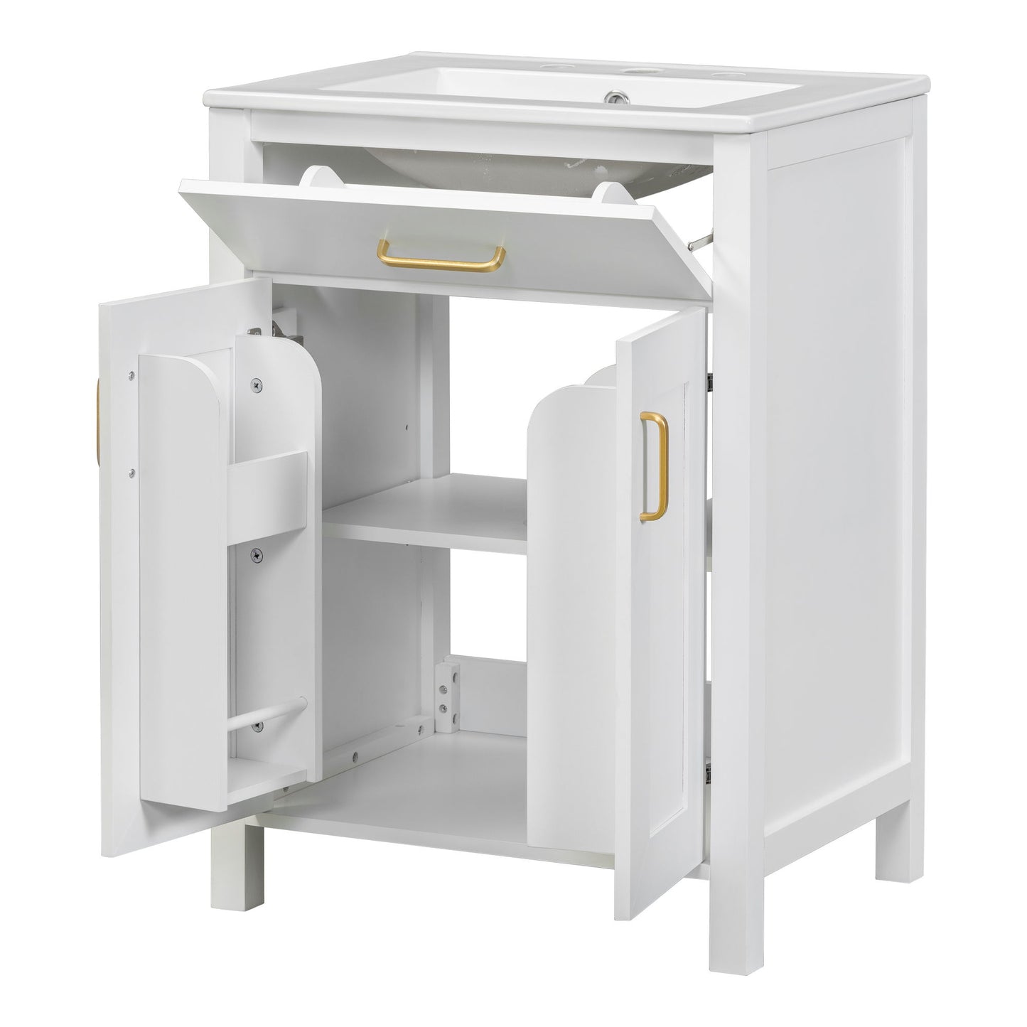 Bathroom Vanity Combo With Ceramic Sink, Luxurious Space-Saving Vanity, 2 Soft-Close Doors - Gold / White