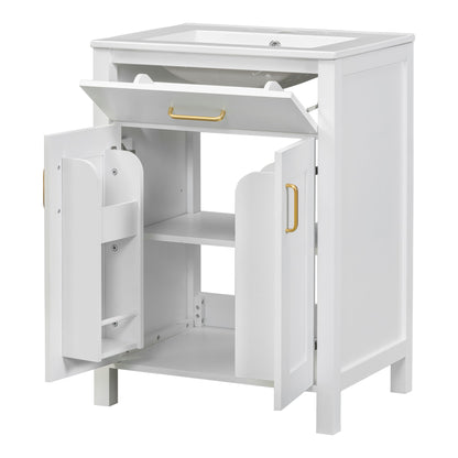 Bathroom Vanity Combo With Ceramic Sink, Luxurious Space-Saving Vanity, 2 Soft-Close Doors - Gold / White