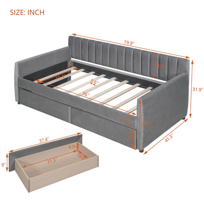 Twin Size Upholstered Daybed & Drawers, Slat Support - Gray