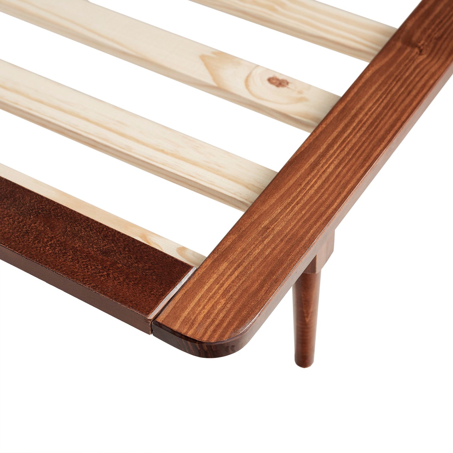 Mid-Century Modern Solid Wood Queen Platform Bed Frame With Spindle Headboard - Walnut