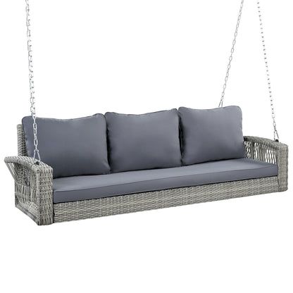 3 Person Porch Swing With Chains, Large Patio Swing Bench With Cushions For Backyard, Garden, And Poolside - Gray