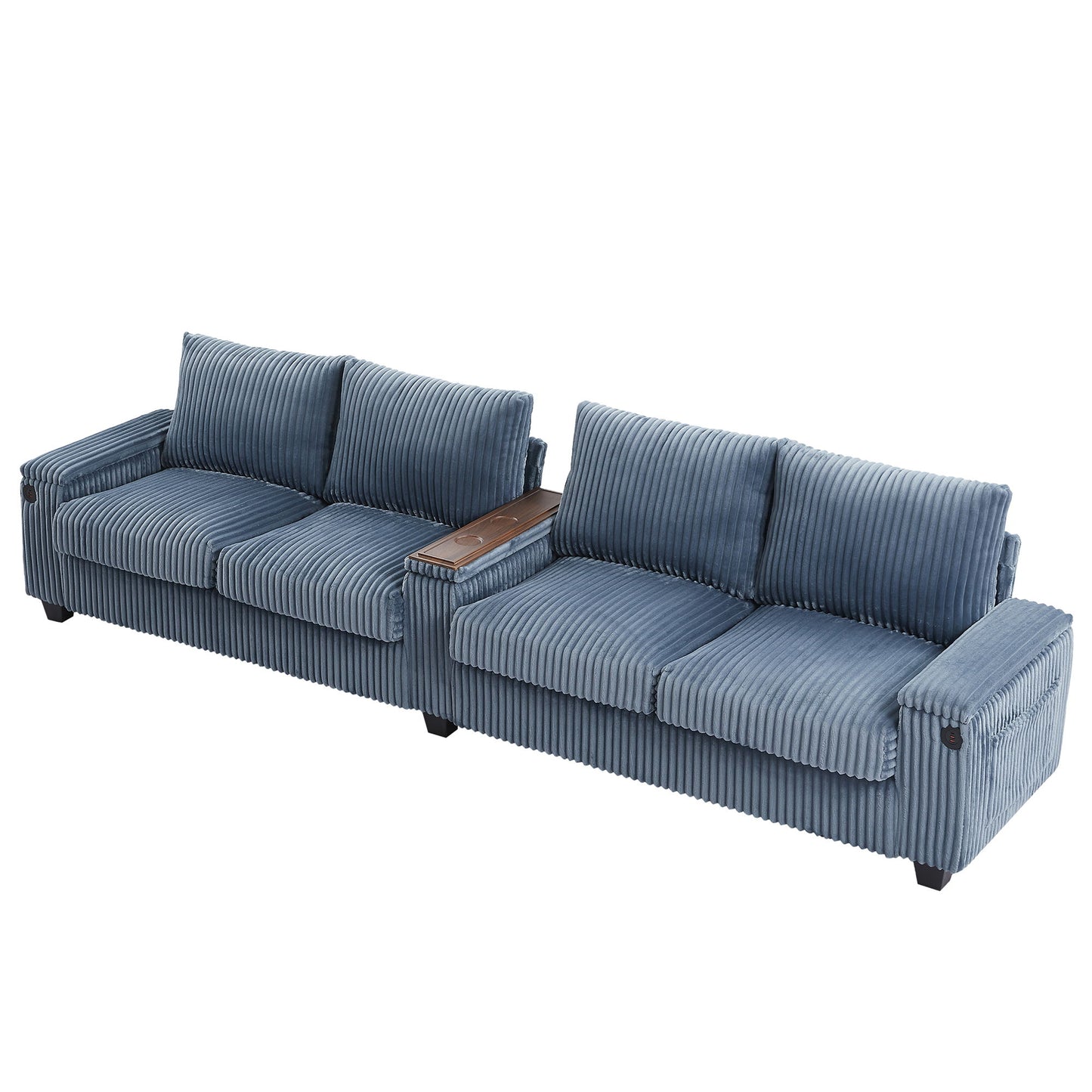 Modern 4 Seater Corduroy Sofa Couch With USB Ports, Hidden Storage, Flip Top Cup Holders - Blue