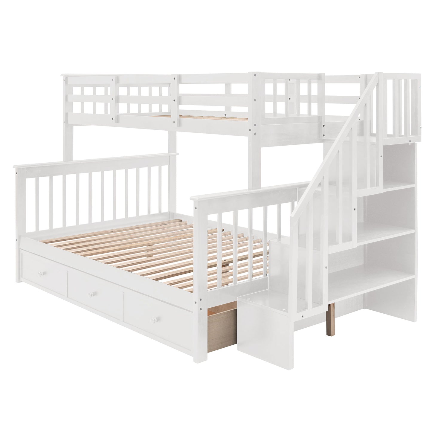 Twin Over Full Stairway Bunk Bed With Drawer, Storage And Guard Rail For Bedroom - White