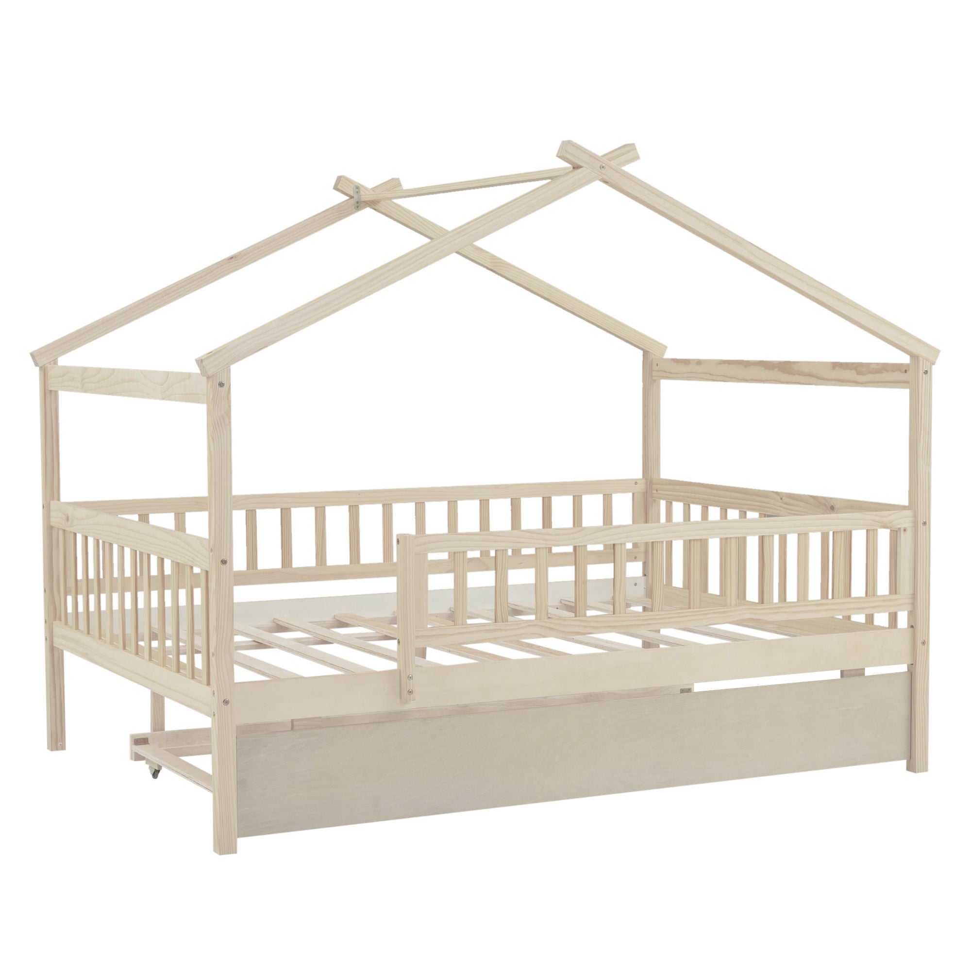 Full Size House Bed With Twin Size Trundle - Natural