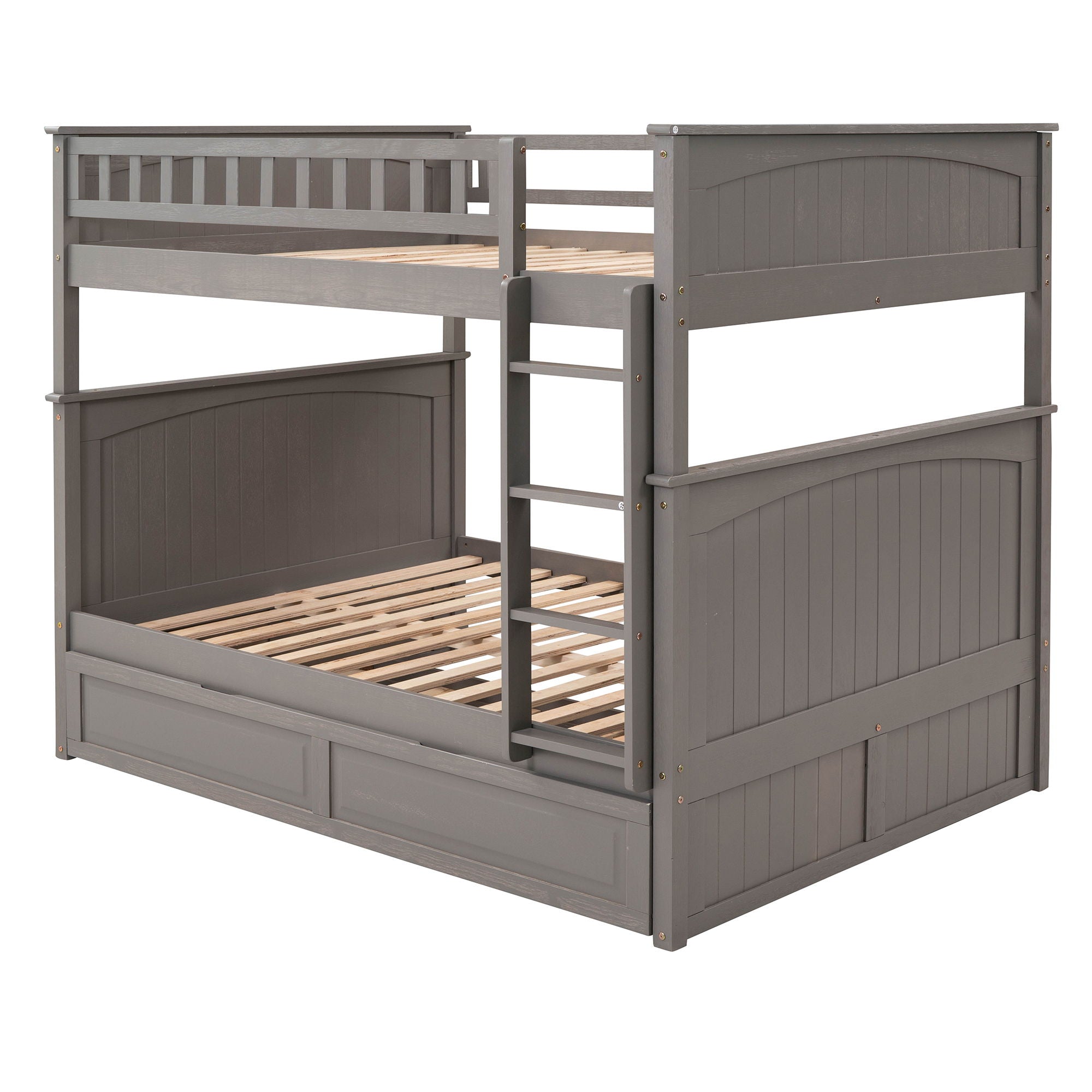 Full Over Full Bunk Bed With Twin Size Trundle, Guardrails - Brushed Gray