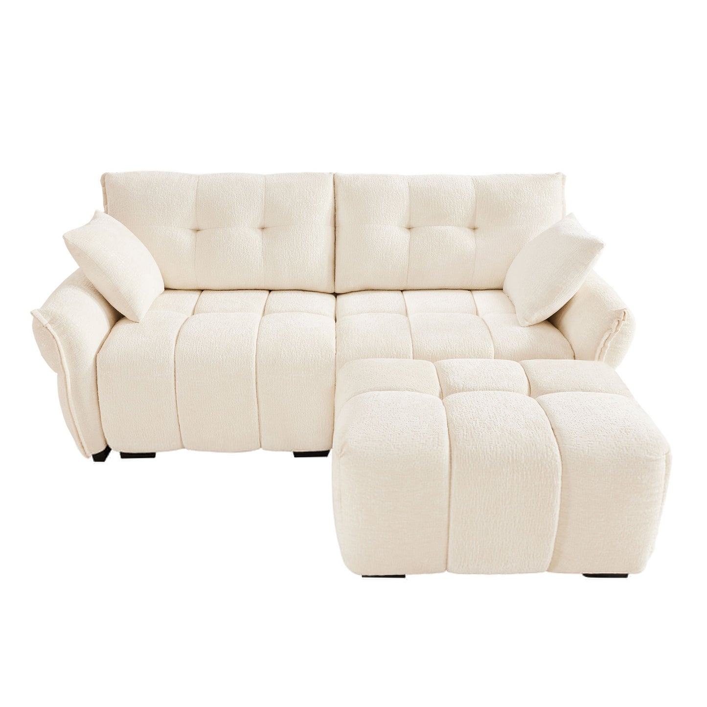 Modern Fabric 2 Seater Sofa With Ottoman Minimalist Design - White