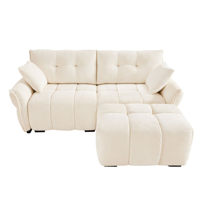Modern Fabric 2 Seater Sofa With Ottoman Minimalist Design - White