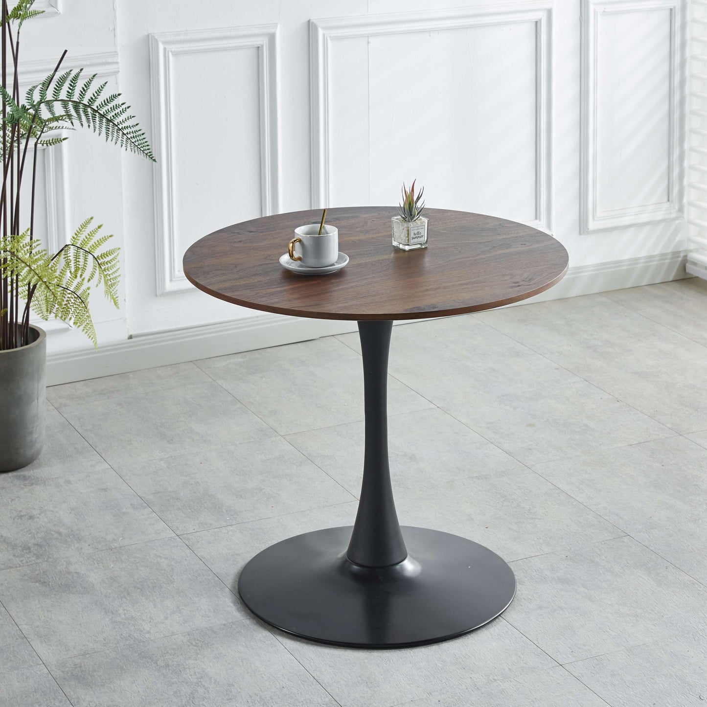 Tulip Table Mid-Century Dining Table For 2-4 People With Round MDF Table Top, Pedestal Dining Table, End Table Leisure Coffee Table - Walnut / Black