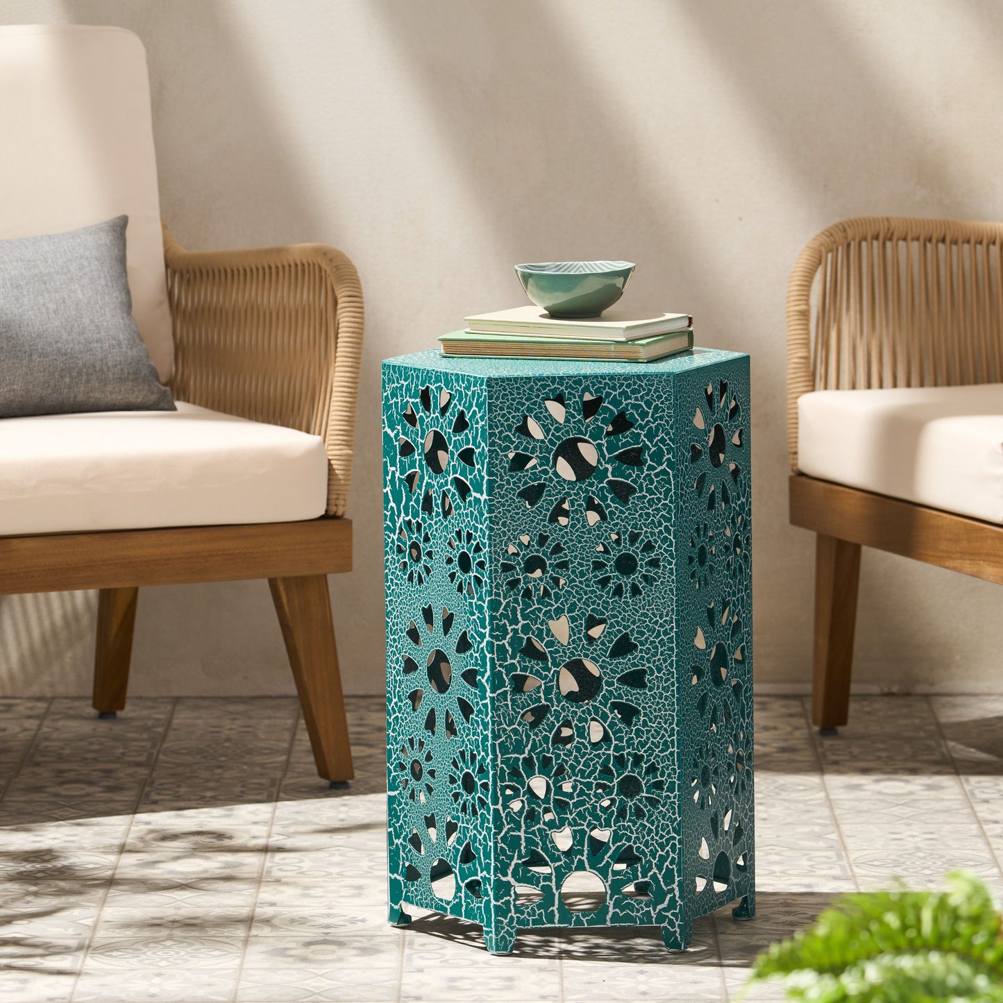 Galore - Side Table With Sunburst Cut Out Design - Teal
