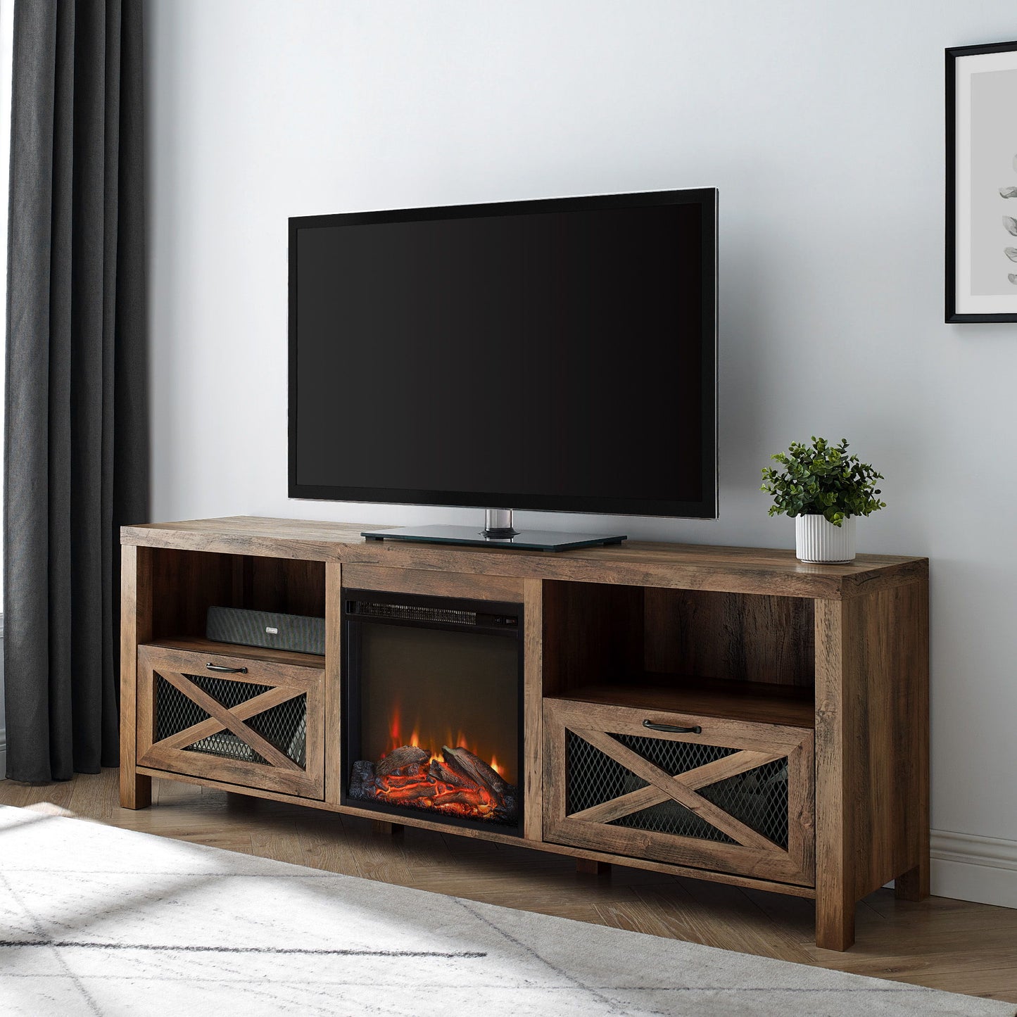 Industrial Farmhouse Metal Mesh Drop Down X Door 70" Fireplace TV Stand For 80" TVs - Rustic Oak
