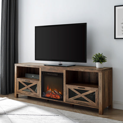Industrial Farmhouse Metal Mesh Drop Down X Door 70" Fireplace TV Stand For 80" TVs - Rustic Oak