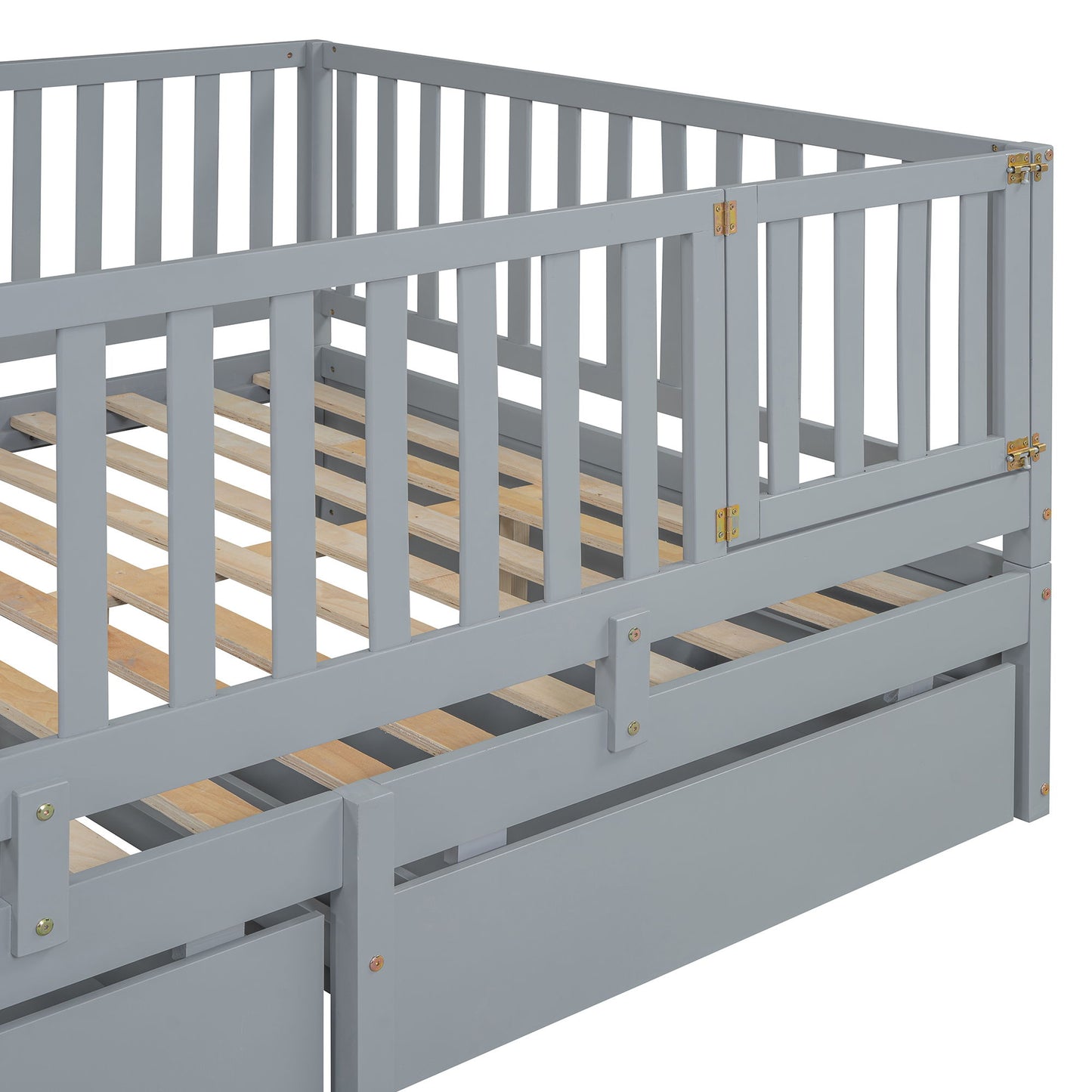 Full Size Daybed With Fence Guardrails And 2 Drawers - Gray