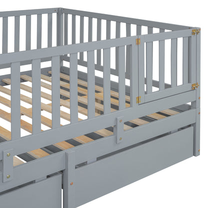 Full Size Daybed With Fence Guardrails And 2 Drawers - Gray