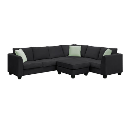 Sectional Sofa Couches Living Room Sets, 7 Seats Modular Sectional Sofa With Ottoman, L Shape Fabric Sofa Corner Couch Set With 3 Pillows - Black