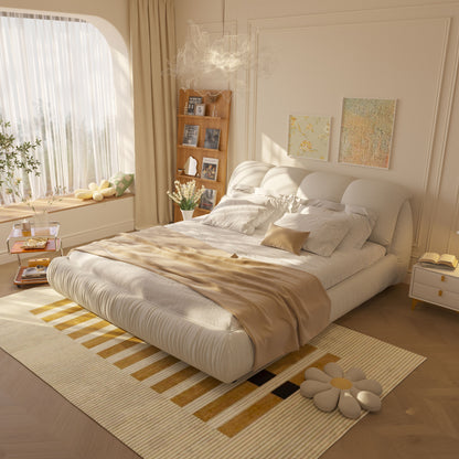 King Size Luxury Upholstered Platform Bed With Oversized Padded Backrest And Solid Wood Frame, Suitable For Multiple Heights Of Mattresses - Beige