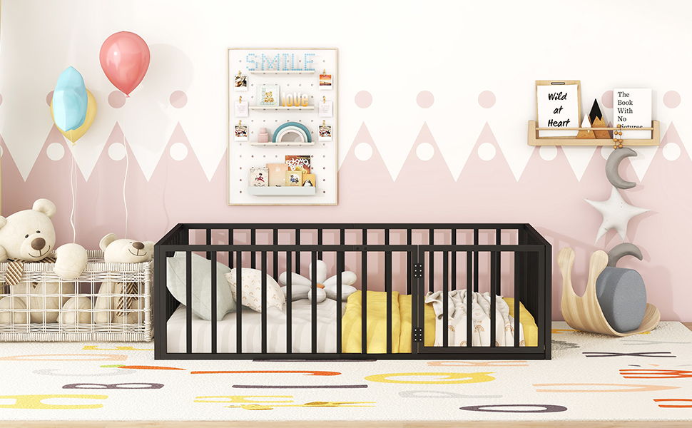 Twin Size Floor Bed Frame With Fence And Door - Black