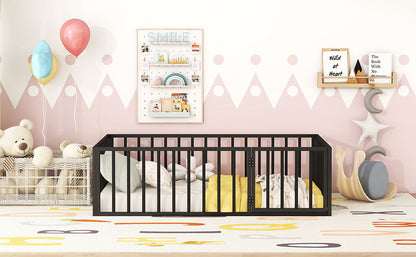 Twin Size Floor Bed Frame With Fence And Door - Black
