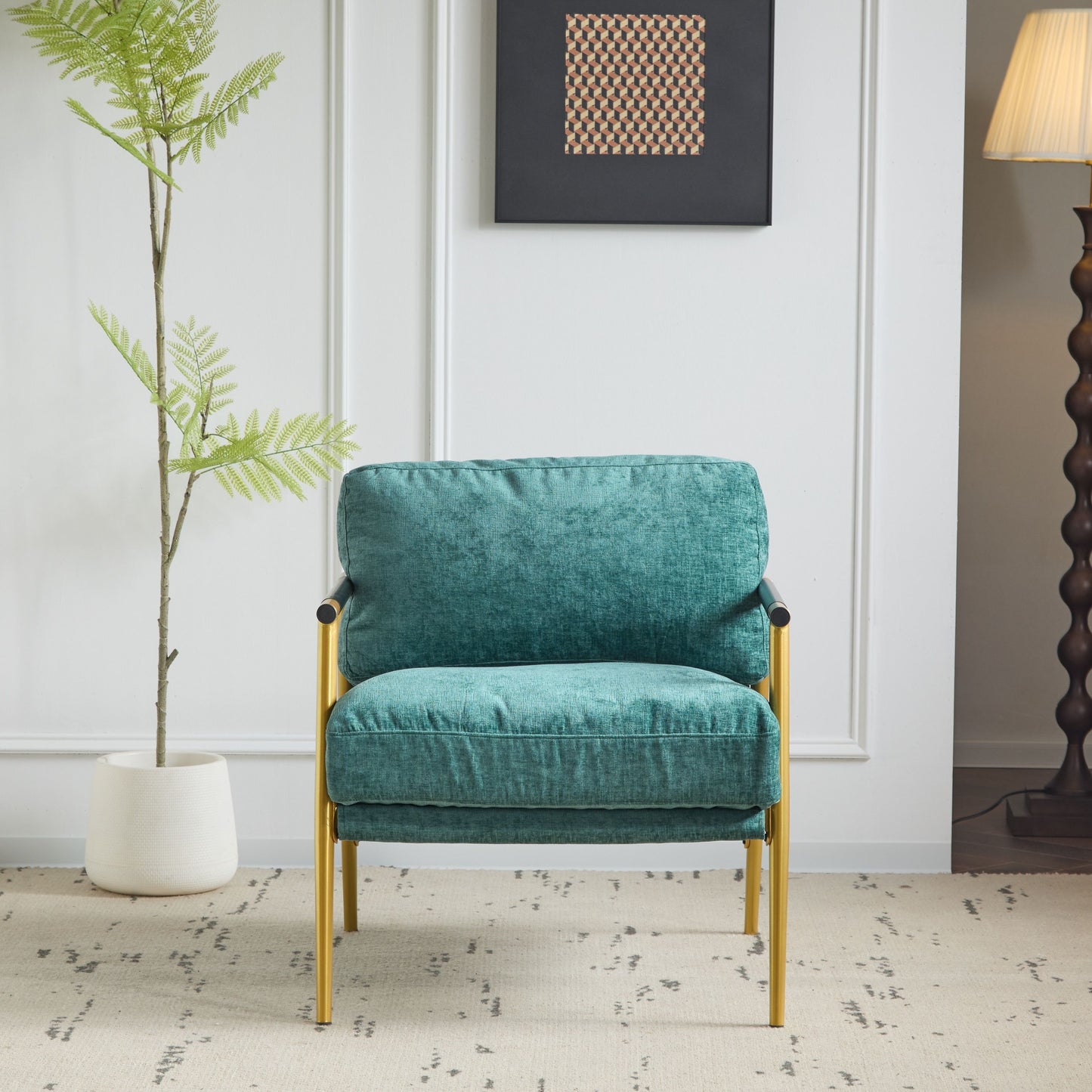 Modern Accent Chair With Plush Cushions, Metal Frame, Wooden Armrests Cozy Seating For Living Room, Bedroom, Office - Gold / Teal Blue