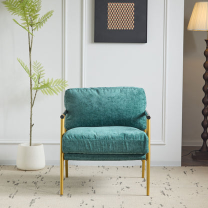 Modern Accent Chair With Plush Cushions, Metal Frame, Wooden Armrests Cozy Seating For Living Room, Bedroom, Office - Gold / Teal Blue