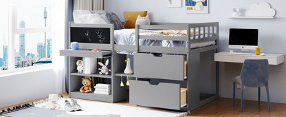Twin Size Low Loft Bed With Rolling Desk, Shelf And Drawers - Gray