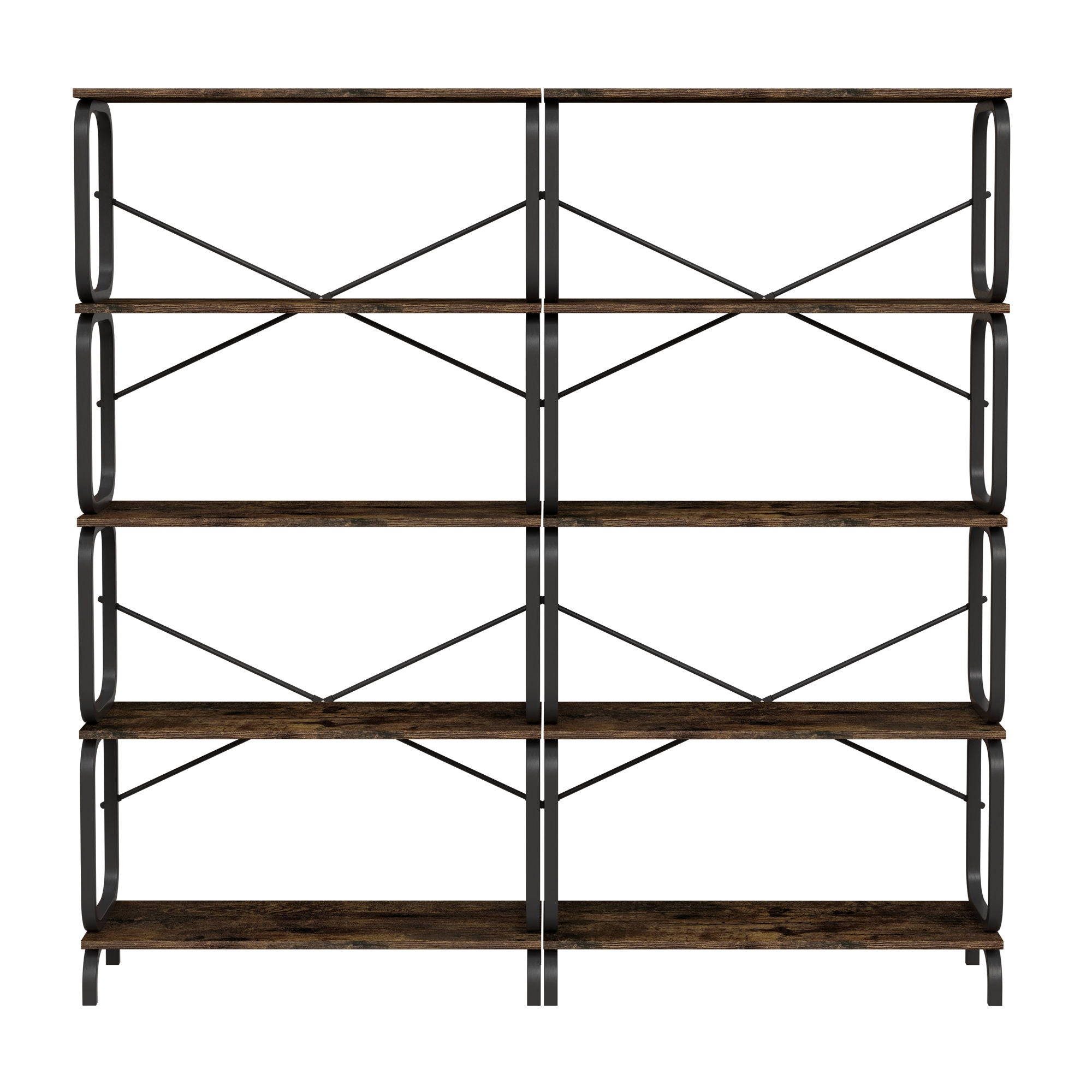 5 Tier Industrial Bookshelf, Rustic Brown Tall Bookcase With Open Wood & Metal Design, Vintage Storage Organizer - Black