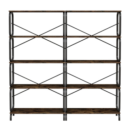 5 Tier Industrial Bookshelf, Rustic Brown Tall Bookcase With Open Wood & Metal Design, Vintage Storage Organizer - Black