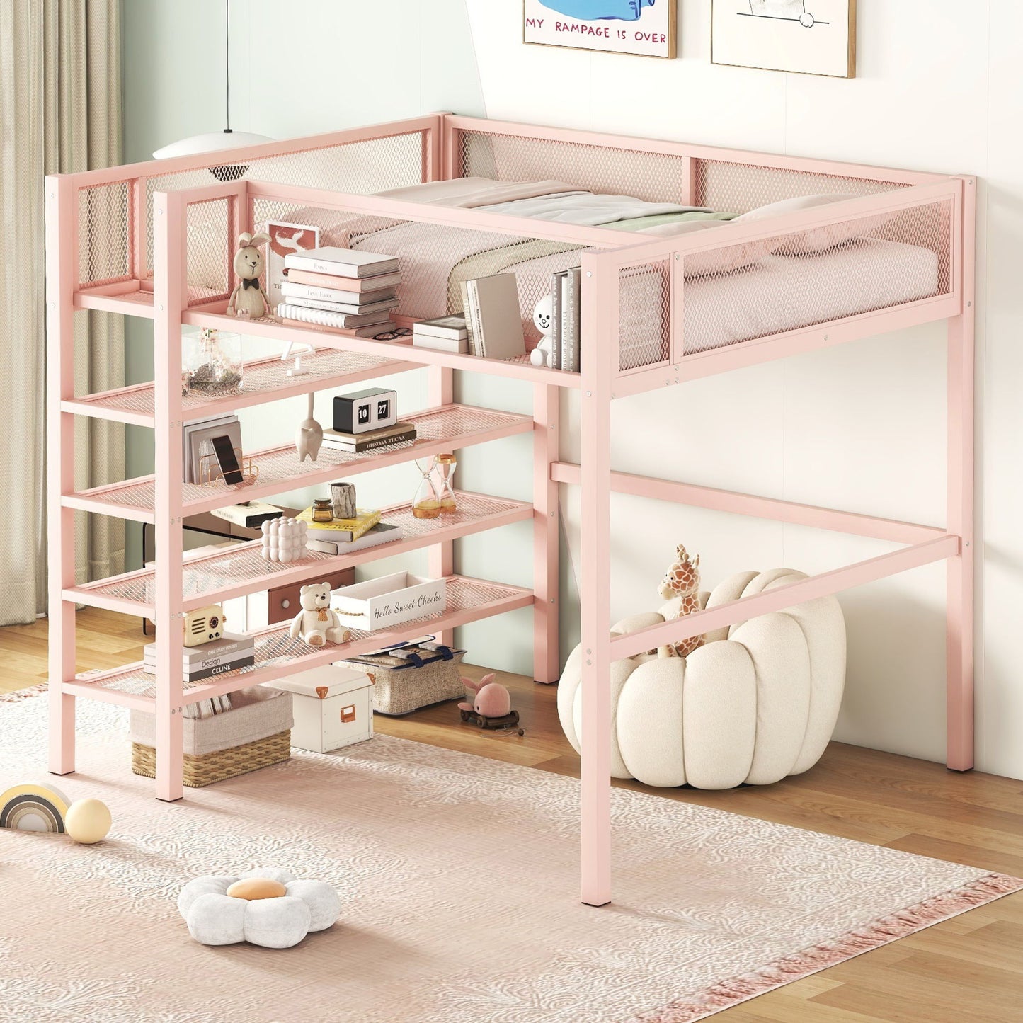Full Size Loft Bed With 4 Tier Shelves And Storage - Pink