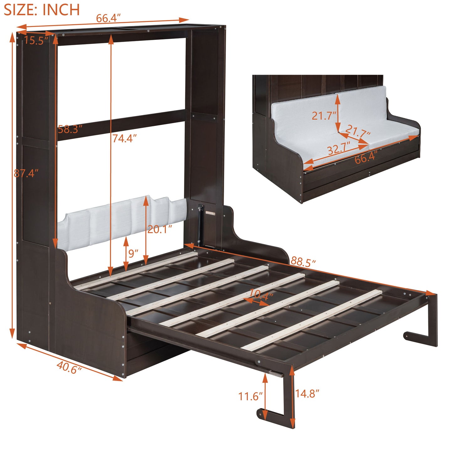 Queen Size Murphy Wall Bed With Cushion, Space Saving Design, And Construction - Espresso