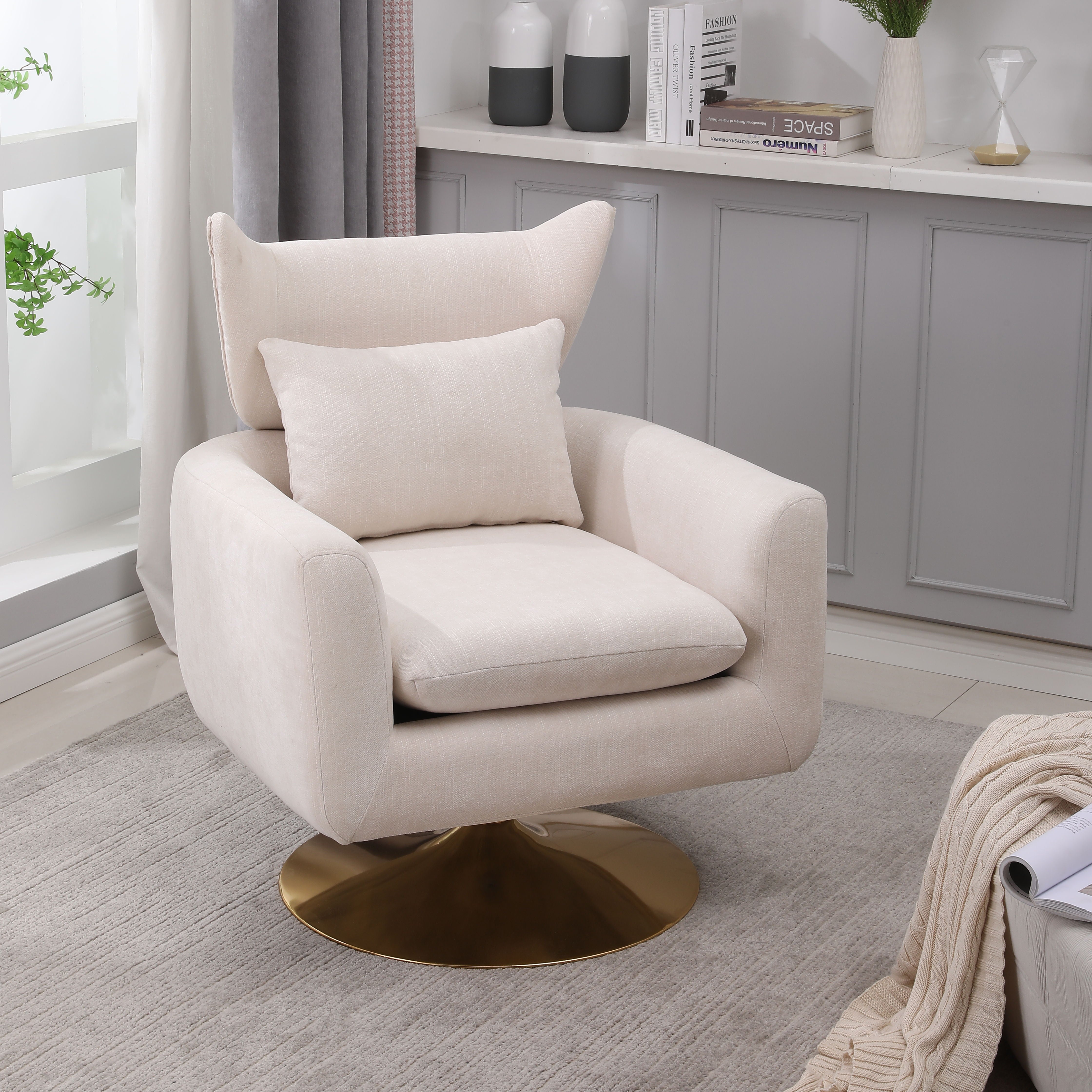 Classic Mid-Century 360-Degree Swivel Accent Chair - Beige
