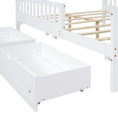 Full Size Platform Bed With Guardrails On Both Sides And 2 Storage Drawers - White
