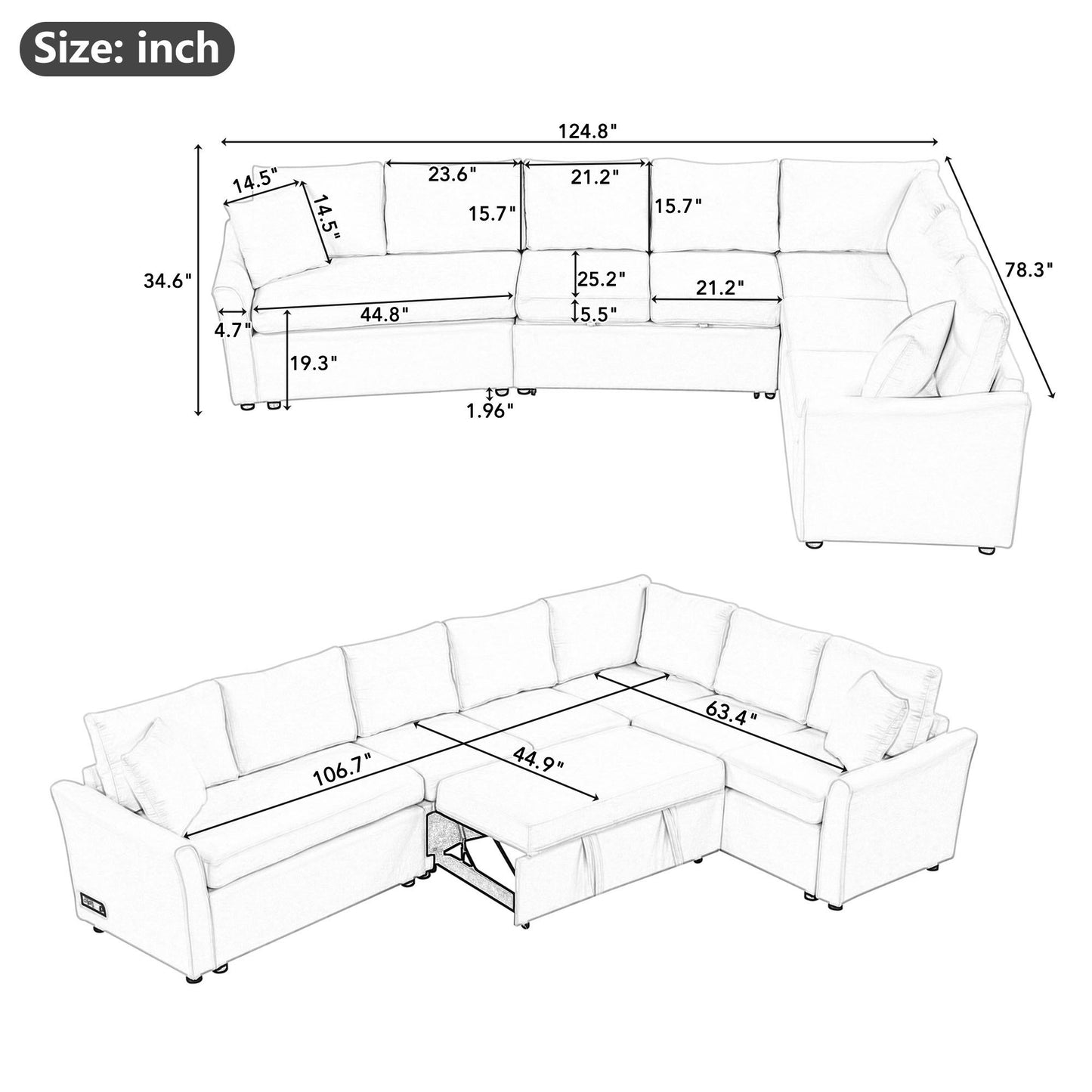 L-Shaped Sofa Convertible Sofa Bed Pull Out Sofa Sleeper With Two Back Pillows, Two USB Ports And Two Power Sockets For Living Room - Beige