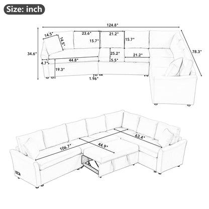 L-Shaped Sofa Convertible Sofa Bed Pull Out Sofa Sleeper With Two Back Pillows, Two USB Ports And Two Power Sockets For Living Room - Beige