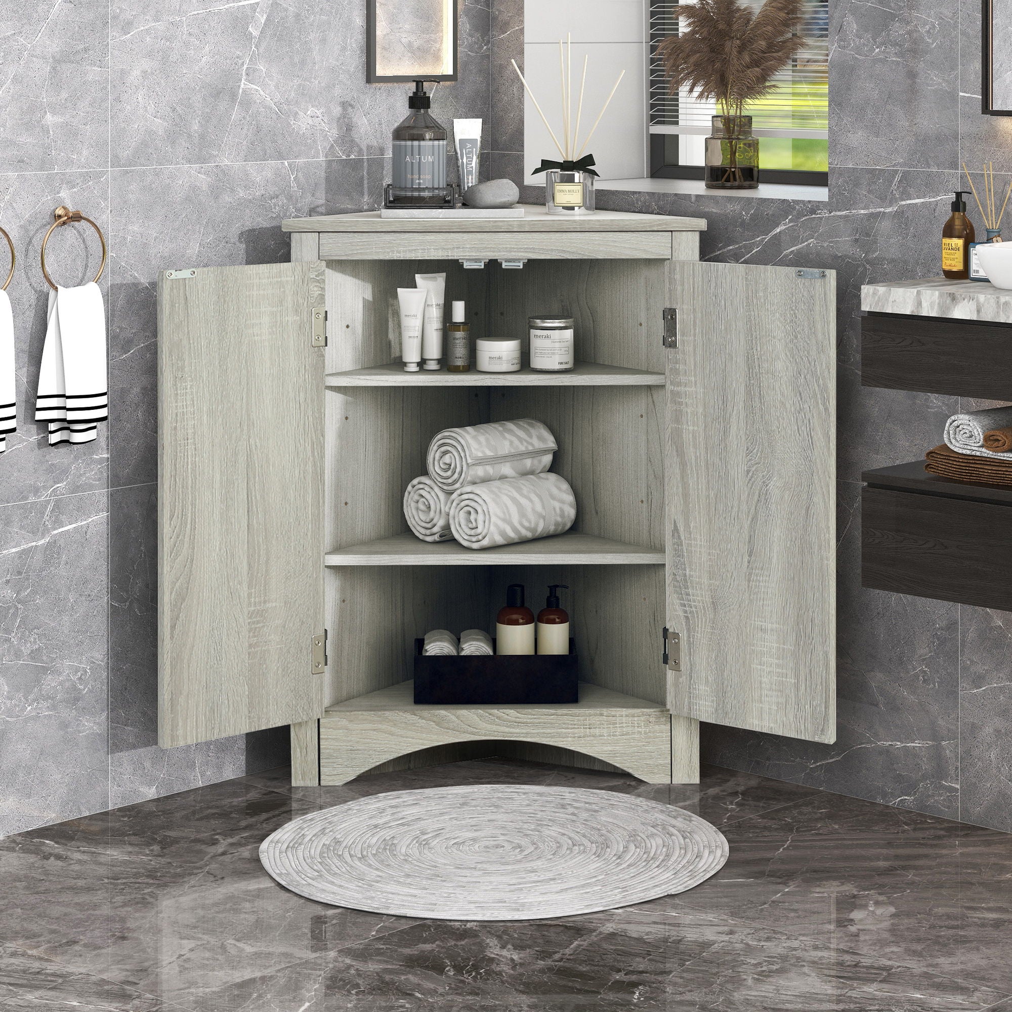Triangle Bathroom Storage Cabinet With Adjustable Shelves, Freestanding Floor Cabinet For Home Kitchen - Oak