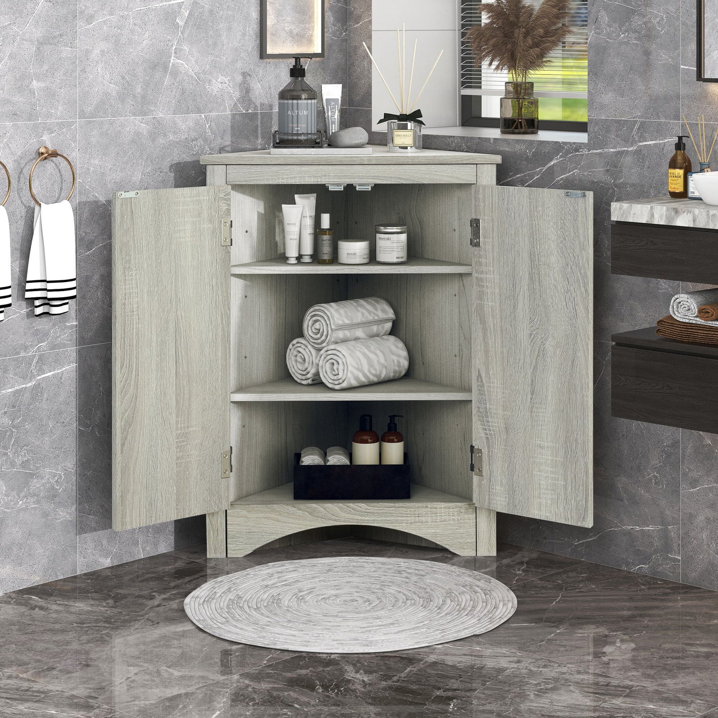 Triangle Bathroom Storage Cabinet With Adjustable Shelves, Freestanding Floor Cabinet For Home Kitchen - Oak