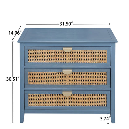 3 Drawer Cabinet Natural Rattan Suitable For Bedroom - Blue