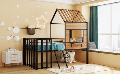 Twin Size Loft Bed With Roof, Window, Guardrail, Ladder - Black