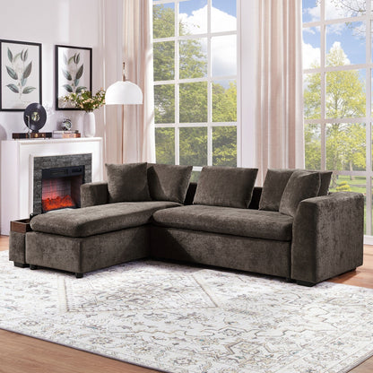 Elegant L Shaped Sectional Sofa With Chenille Upholstery And Wooden Storage Compartment - Brown