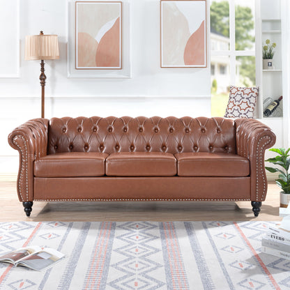 Rolled Arm Chesterfield Three Seater Sofa - Brown